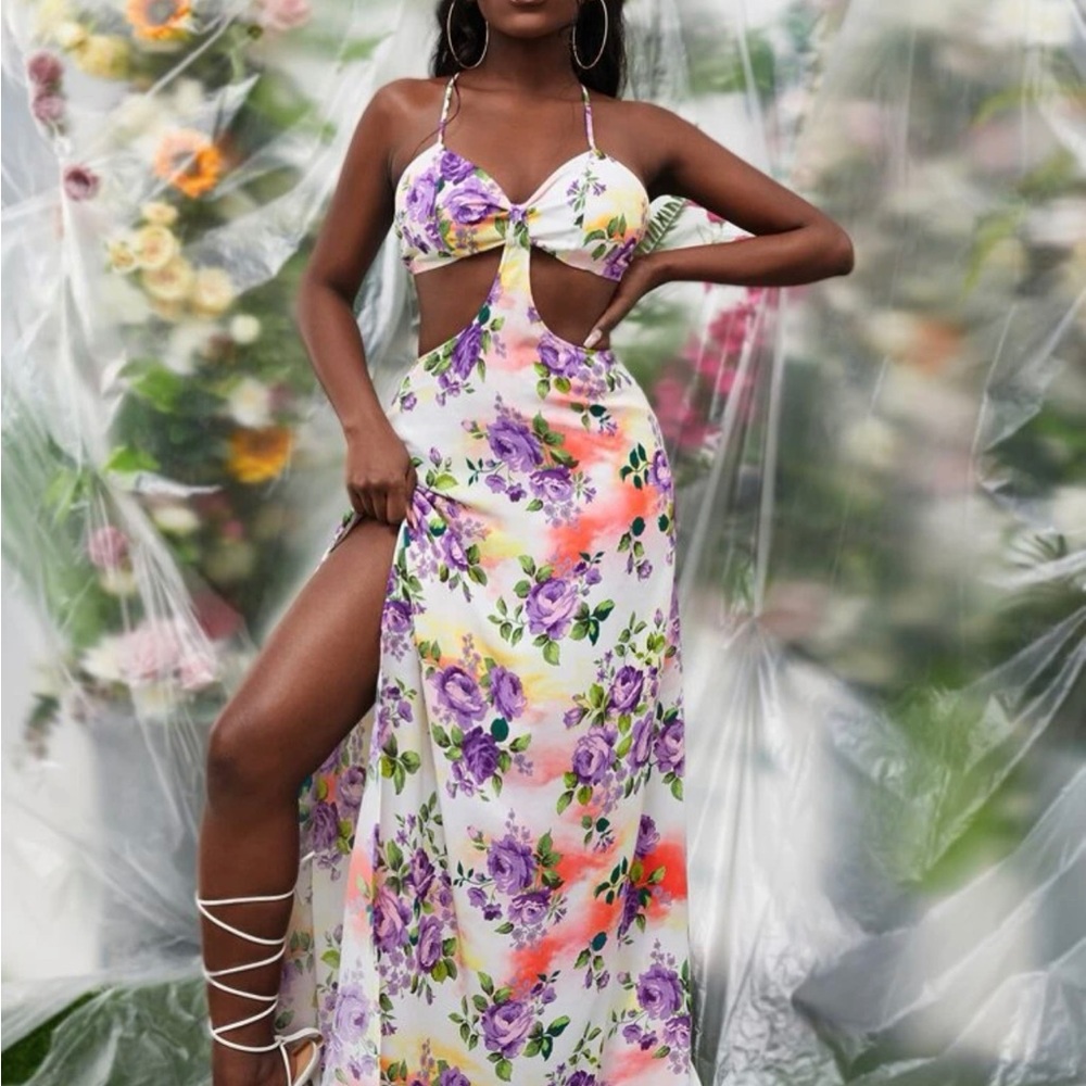 Floral Maxi Dress shein high slit lace up backless xs